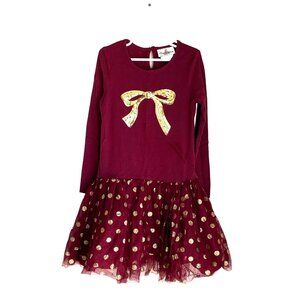 Girls rare editions burgundy tulle twirl worthy dress with gold bow Sz 6X